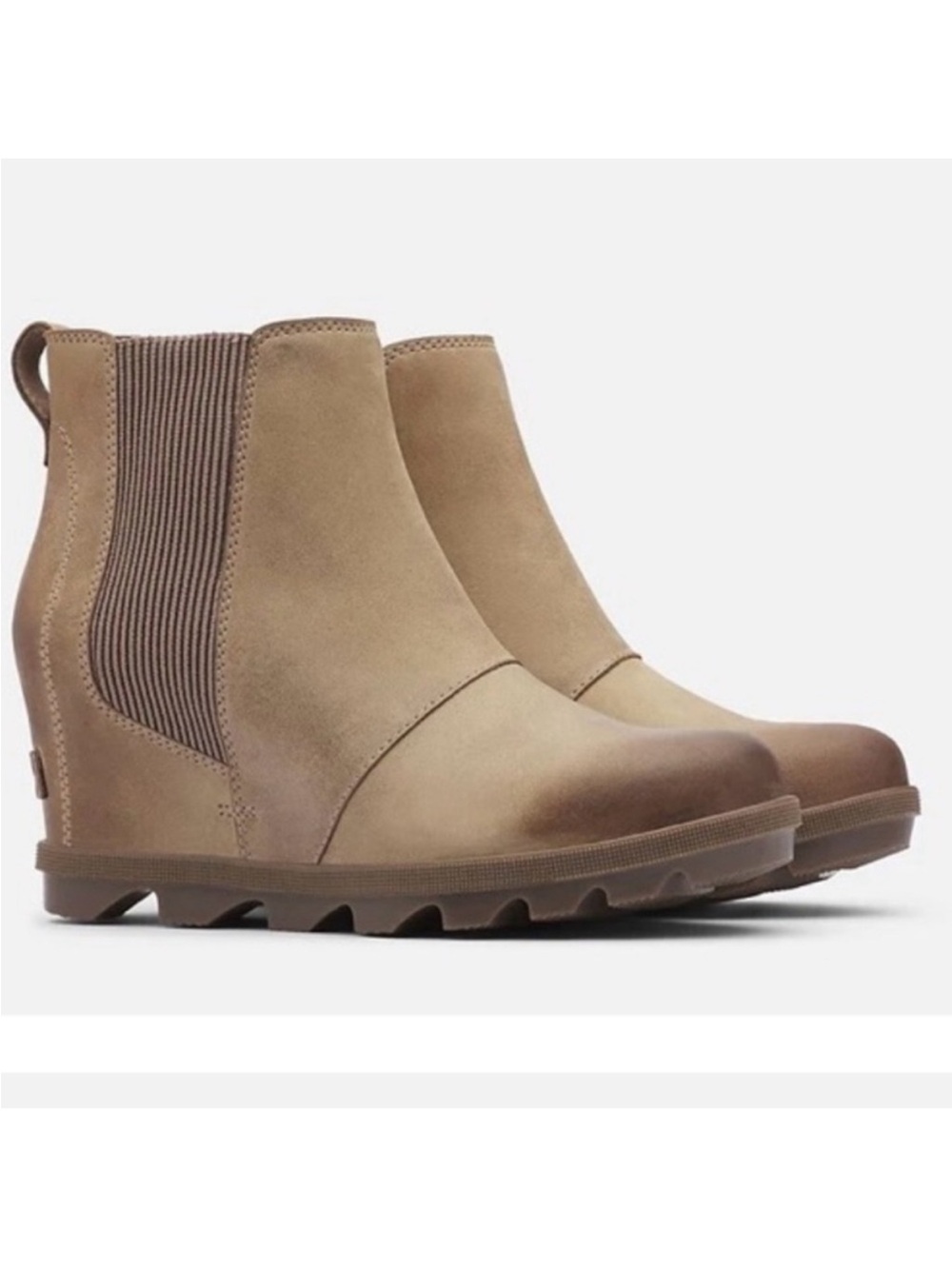Sorel Women's Joan of Arctic Wedge II Chelsea Boots ash brown/taupe leather EUC